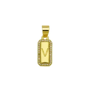 Close-up of a gold-plated rectangular pendant with letter V and cubic zirconia border