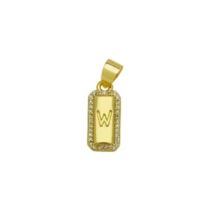 Close-up of 18K gold plated rectangular pendant with letter W and zircon border
