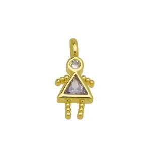 Close-up detail of an 18K gold plated girl shaped pendant with purple cubic zirconia