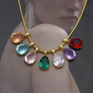 Detailansicht der farbigen Zirkonia Tropfen Halskette Anhänger in 18K vergoldeter Ausführung.