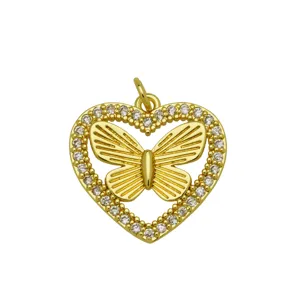 Exquisiter vergoldeter Herz-Schmetterling-Anhänger mit funkelnden Zirkonia-Steinen.