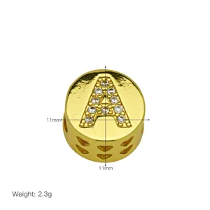 Macro view of a gold-plated letter A charm with dimensions 11mm and 2.3g weight.