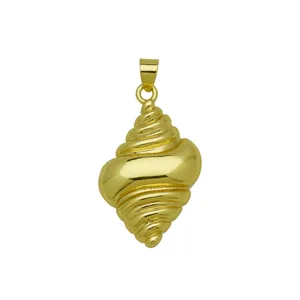 Gold seashell pendant detail shot, ocean beach style jewelry accessory, elegant metal shine.