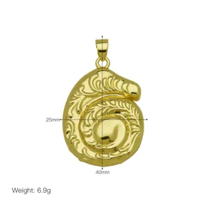 Detail view of golden conch seashell pendant, featuring exquisite relief patterns and polished texture.