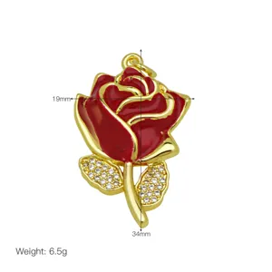 18k vergoldeter roter Emaille Rosenblüte Anhänger Schmuck Accessoire 19x34mm