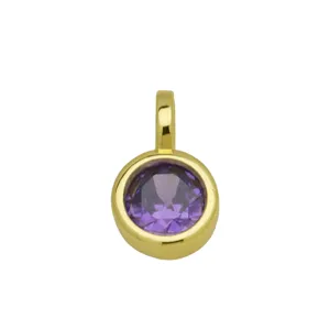 Detailopname van de elegante vergulde hanger met een ronde paarse zirkoniasteen.