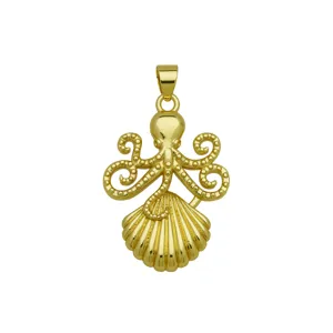 Gold octopus and seashell pendant close-up, marine beach style jewelry detail shot for necklace.