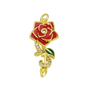 Elegante 18K vergoldete rote Rosen Halskette Anhänger mit funkelnden Zirkonia Kristallen.
