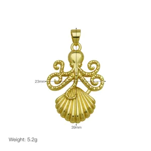 Gold octopus and seashell pendant detail showing polished metal texture, 23x39mm dimensions.