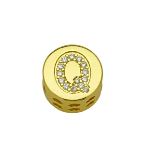 Gold circular DIY charm bead featuring crystal-studded letter Q detail for jewelry