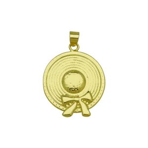Gold straw hat pendant detail, cute bow charm, shiny metal finish, perfect summer jewelry.