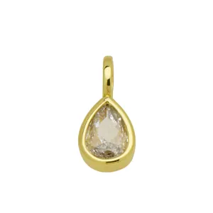Gedetailleerde close-up van de peervormige zirkon hanger met strakke zetting en gouden afwerking.