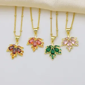 Simple Fashion Maple Leaf Pendant Only Colorful Zirconia Inlaid Copper 18K Gold Plated Jewelry For Women Nature Style Gift