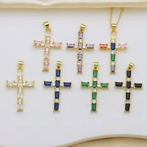 Luxury Copper Rhinestone Cross Pendant Gold Plated Geometric Christian Charm For DIY Necklace Making Craft Supplies