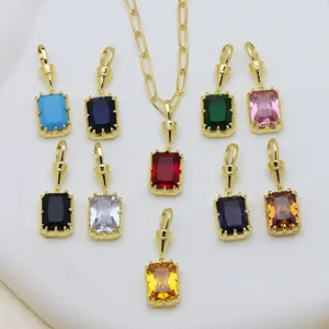 Elegant Copper Zirconia Gold Plated Square Colored Gemstone Pendant Only Without Chain Minimalist Geometric Charm For Women DIY Necklace Jewelry Wholesale