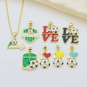 Soccer Football Theme LOVE Heart Shield Pendant Jewelry Accessory Enamel Copper Sport Style DIY Necklace Charm For Sports Fans