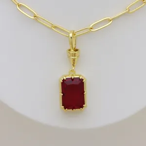 Gold plated rectangular red zircon pendant necklace, minimalist elegant jewelry piece for women.