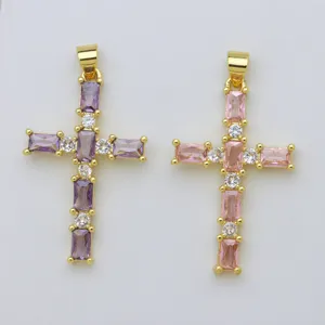 18K gold plated colorful cubic zirconia cross pendant necklace accessories for DIY jewelry
