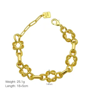 Chunky 18K gold plated O-shaped chain bracelet with unique knot design for women.