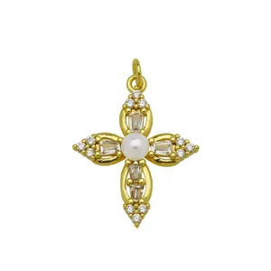 Vergoldeter Perlen Zirkonia Kreuz Anhanger Halskette, elegantes Blumen Schmuckstuck neu.