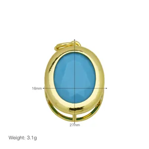 Detailansicht runder blauer Zirkon Anhänger in vergoldeter Kupferfassung, 16x27mm, 3.1g