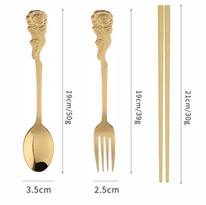 Detailed dimension view of gold stainless steel rose embossed spoon fork and chopsticks set.