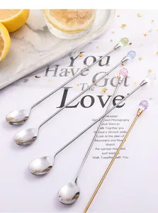 Long handle stirring spoon with crystal diamond top, stainless steel cocktail ice spoon for bar.