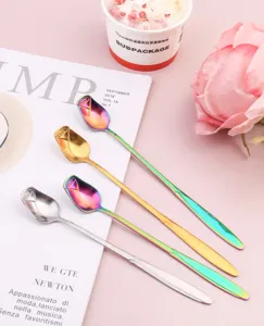 Stainless steel long handle rose spoon set, creative coffee stirring and dessert spoon for home.