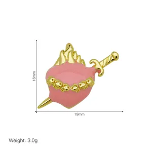 Pink enamel flaming heart dagger pendant, gold plated metal diy jewelry accessory.