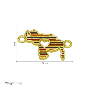 Golden metal map charm pendant with colorful enamel stripes and heart cutout. 24x15mm