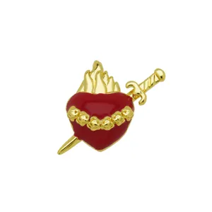 Gold and red enamel sacred heart pendant with sword and flame design for DIY necklace bracelet.