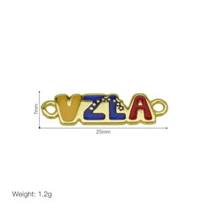 Gold plated metal enamel charm pendant detail, VZLA letter design with 25x7mm size for bracelet.