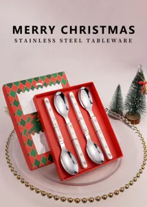 Christmas stainless steel spoon set with gift box, cute holiday tableware gift options.