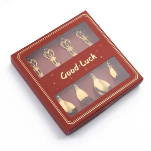 Juego de regalo de cuchara y tenedor de postre de acero inoxidable dorado vintage para café.
