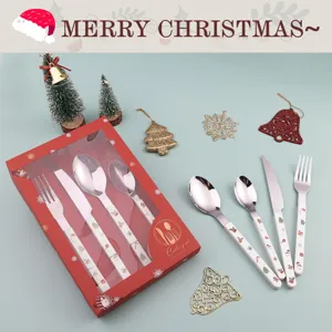 Christmas stainless steel cutlery set with cute holiday patterns, elegant fork knife spoon gift box.