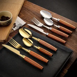 Luxury Sapele Wood Handle 304 Stainless Steel Cutlery Set Retro Knife Fork Spoon Kitchen Tableware