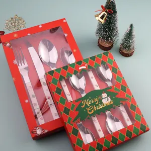 Christmas stainless steel cutlery set with cute holiday handle designs in gift box