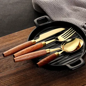 Sapele wood handle stainless steel cutlery set, 4-piece golden knife, fork and spoon set.
