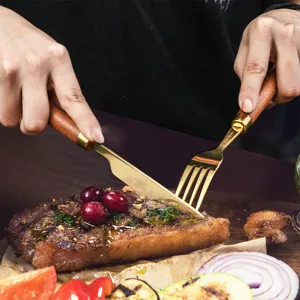 Wooden handle stainless steel steak knife and fork set retro western dinnerware set