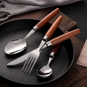 Sapele wood handle stainless steel cutlery set, 4-piece retro steak knife fork spoon tableware.