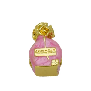 Gold and pink enamel camellia perfume bottle charm bead for European snake chain bracelets.