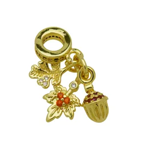 Gold-plated autumn leaves and acorn dangle charm, compatible with European snake chain bracelets.