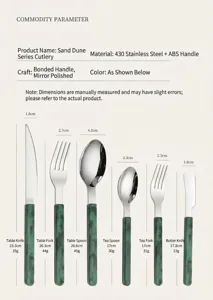 Dune series stainless steel tableware set with ABS handle, knife, fork and spoon size chart.