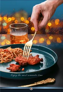 Luxury stainless steel western tableware fork and knife set with vintage embossed design detail.