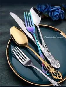 Luxury stainless steel cutlery set western knife fork spoon vintage relief tablewares