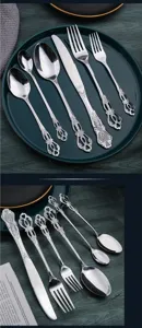 Vintage embossed stainless steel cutlery set, luxury table knife fork and spoon for kitchen.