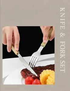 Stainless steel cutlery set with marble pattern handle, perfect for steak and dining use detail.
