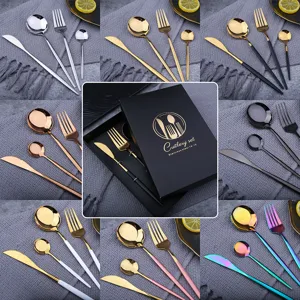 Stainless steel cutlery set with knife fork spoon in gift box, various color options.