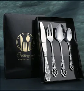 Detailed view of European vintage stainless steel cutlery set with knife fork spoon in black gift box