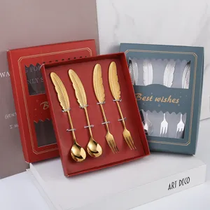 Cuillère et Fourchette à Café Plume en Acier Inoxydable Ensemble Cadeau Créatif Vaisselle Polie Miroir